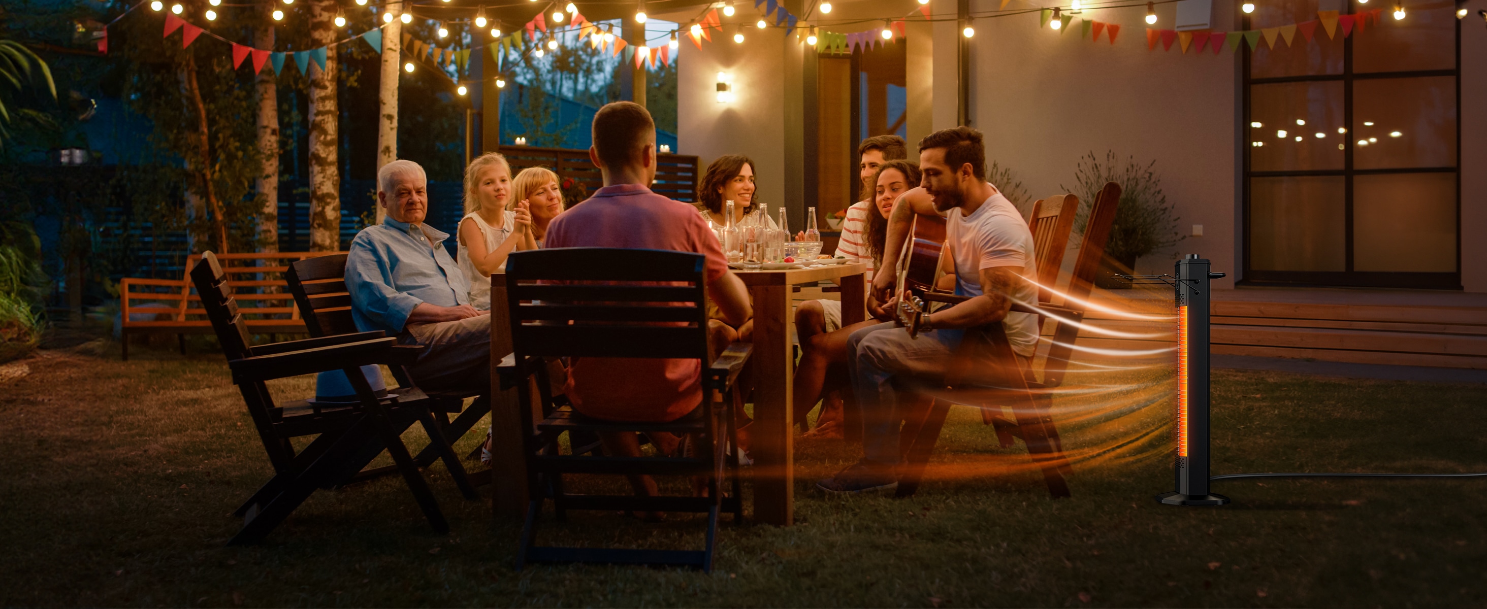 Backyard party with patio heater