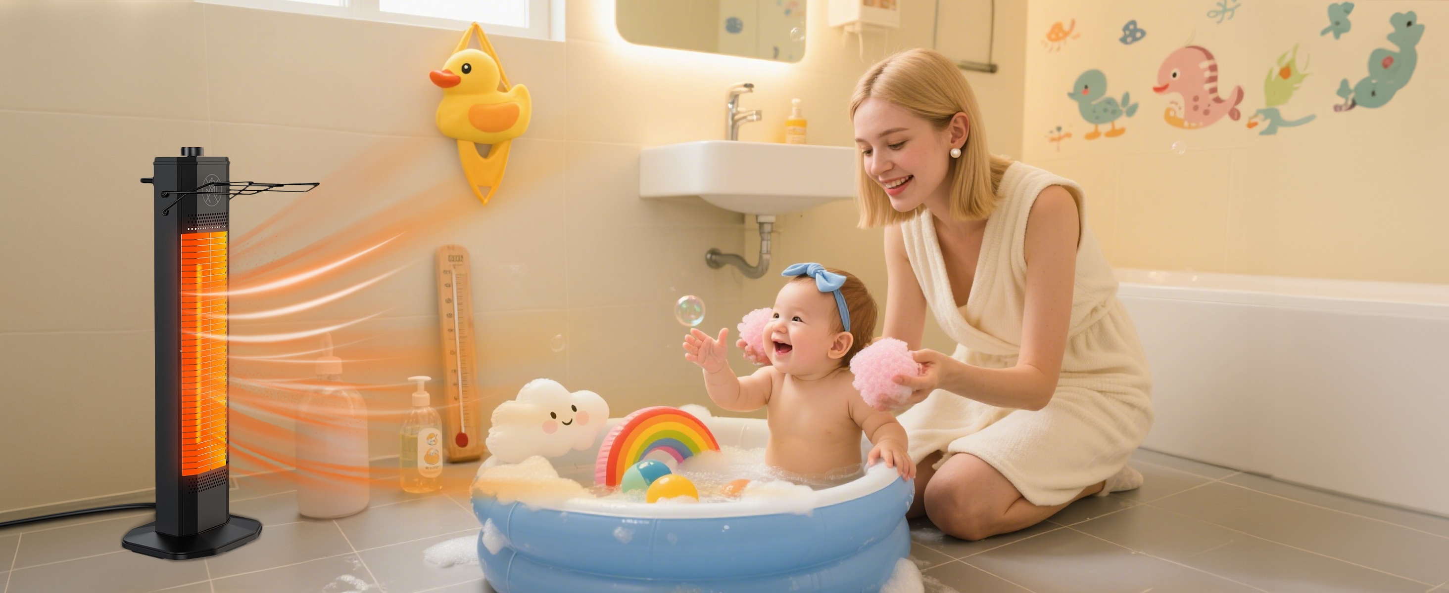 Bathroom heated with infrared heater for baby bath time